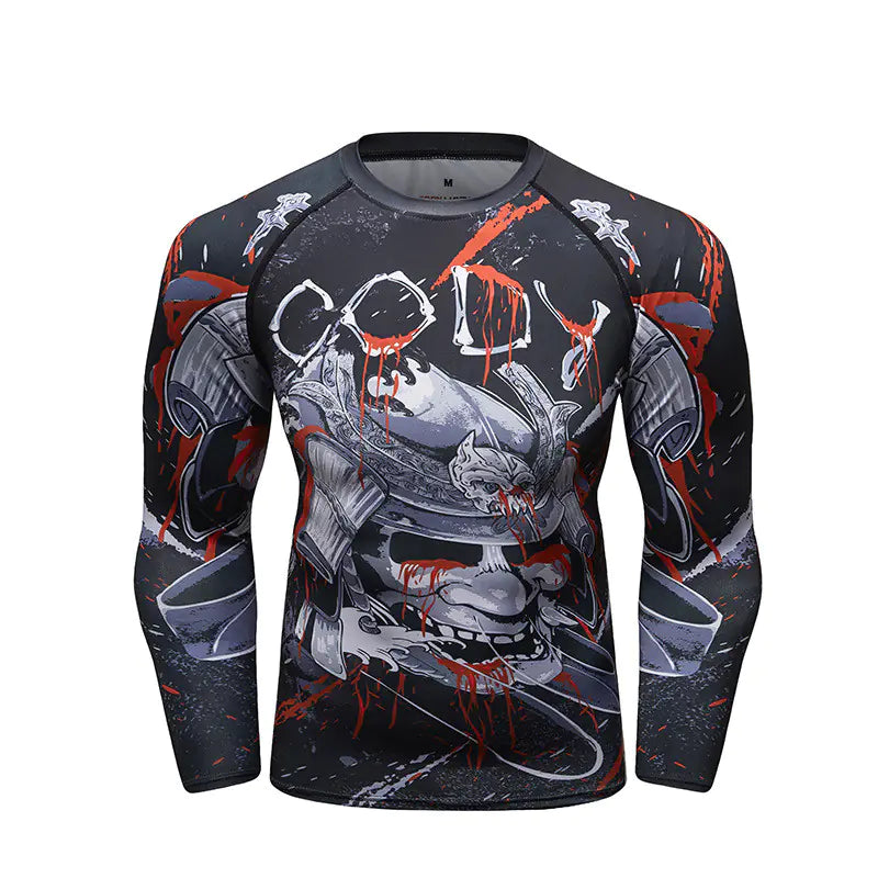 Stylish long sleeve compression shirt for men showcasing a dramatic samurai-inspired graphic and red details, designed for comfort and breathability in fitness activities.