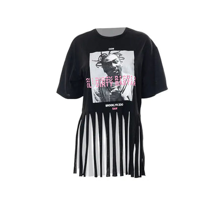 Fashionable presentation of Women's ODB Graphic Print Tassel Tee on a mannequin, emphasising the unique graphic design and elegant tassel details.