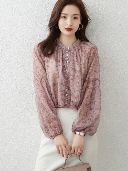 Elegant Women's Chiffon Blouse M-4XL by Dazzling Dreams Studio showcasing high neck and gathered sleeves, perfect for formal and casual occasions.