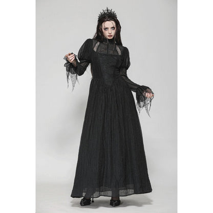 Stylish Dark in Love Harlow Gothic Lace Maxi Dress displayed elegantly on a hanger, perfect for gothic fashion enthusiasts.