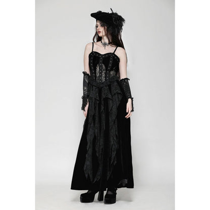 Elegant Dark in Love Fia Gothic Maxi Dress showcasing a corseted waist and luxurious lace detailing against a dramatic backdrop.
