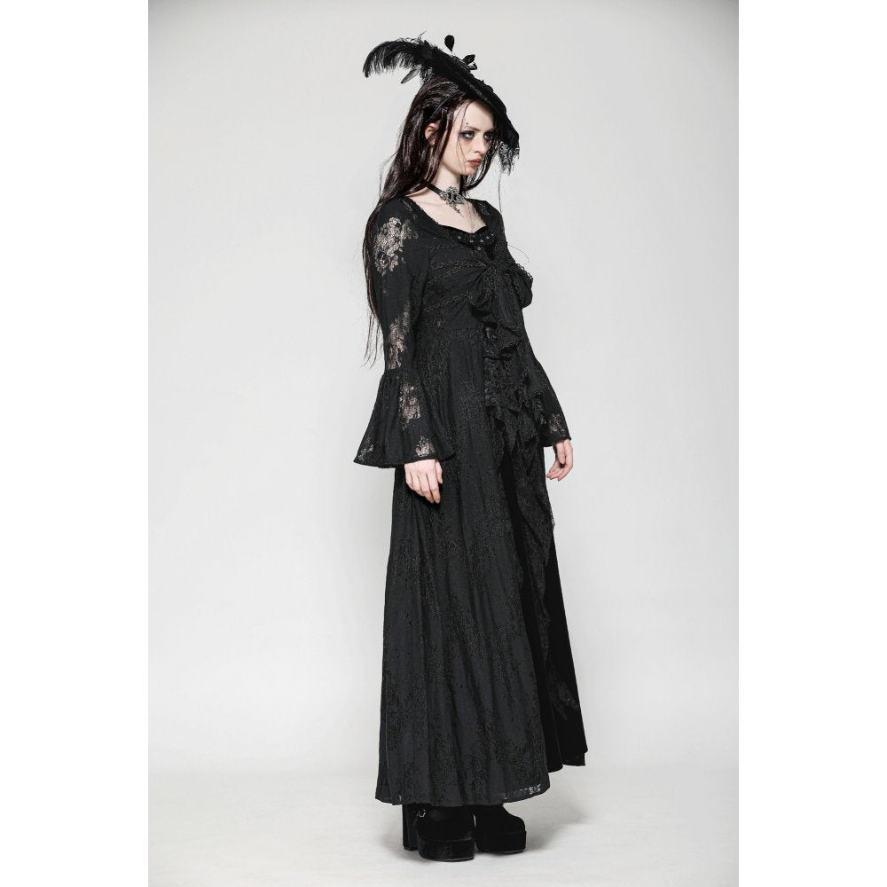 Model wearing the Emersyn Long Robe by Dark in Love, exemplifying gothic elegance with delicate lace and sleeved details.