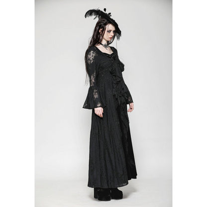 Model wearing the Emersyn Long Robe by Dark in Love, exemplifying gothic elegance with delicate lace and sleeved details.