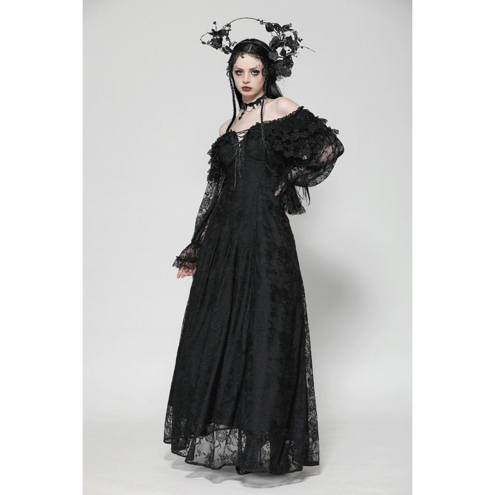 Full view of the Dark in Love Cosette Gothic Maxi Dress, featuring ruffled shoulders and a flowing skirt, ideal for creating a dramatic dark princess look.