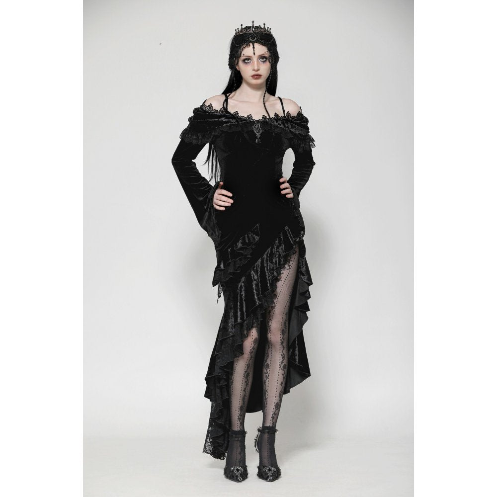 Flat lay of the Gothic velvet off-shoulder mermaid dress, featuring a dark aesthetic and elegant ruffles, complemented with accessories for a complete chic look.