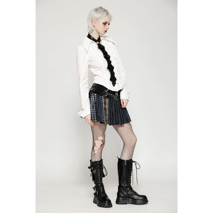 Elevate your alternative fashion wardrobe with the Dark In Love Sage Patchwork Mini Skirt, featuring a stylish pleated design and faux leather waist.