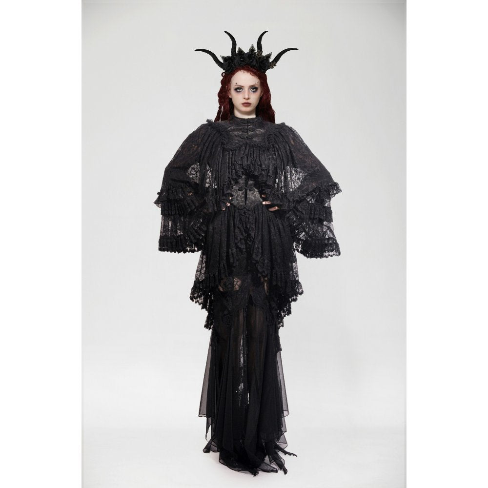 Elegant Dark in Love Zuri Vintage Lace Cape featuring intricate lace detail and flowing bell sleeves, perfect for gothic or Victorian-inspired fashion.