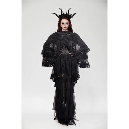 Elegant Dark in Love Zuri Vintage Lace Cape featuring intricate lace detail and flowing bell sleeves, perfect for gothic or Victorian-inspired fashion.