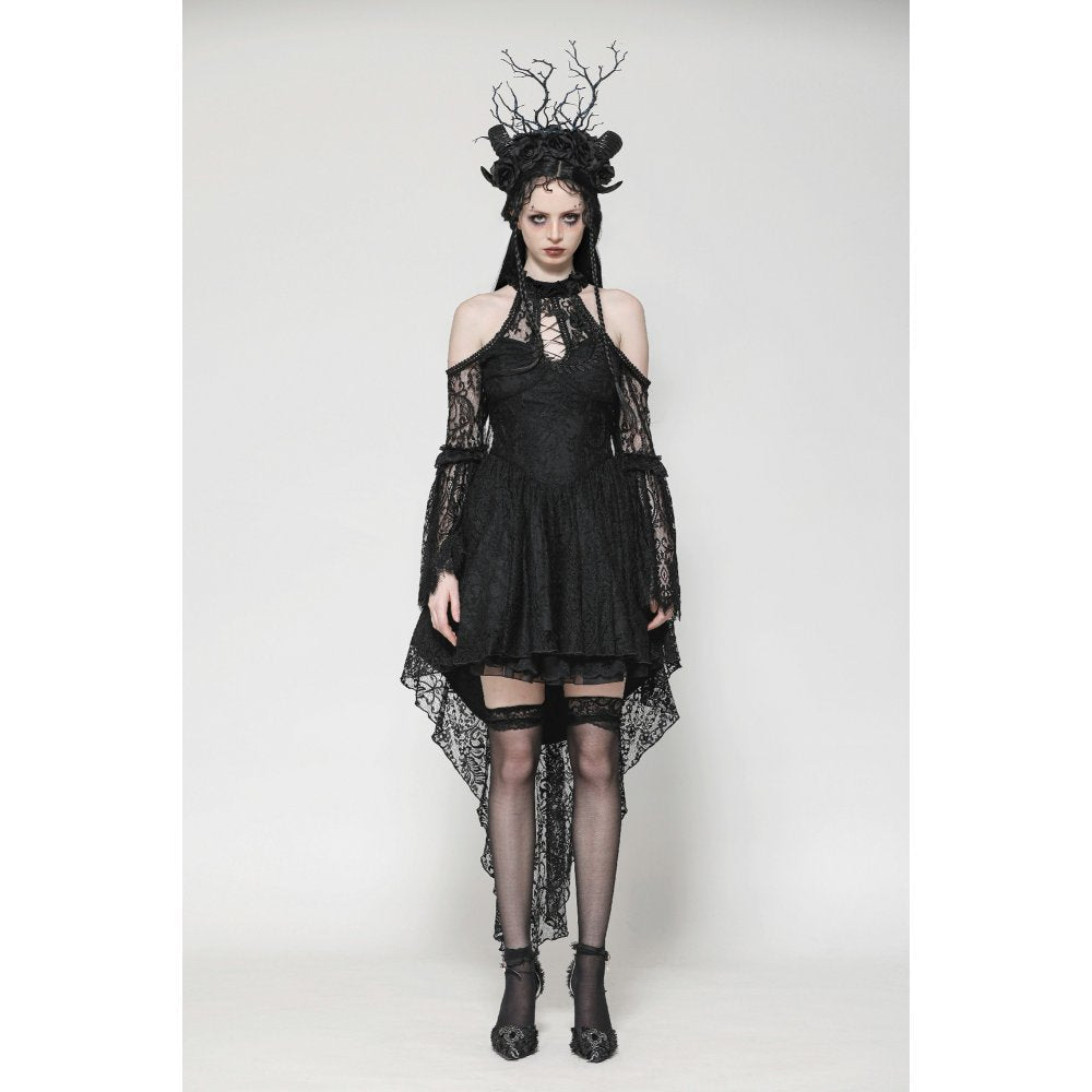 Dark in Love Gem Gothic Vine Lace Tail Dress featuring a dramatic asymmetrical hem and elegant cold-shoulder design, perfect for gothic fashion enthusiasts.