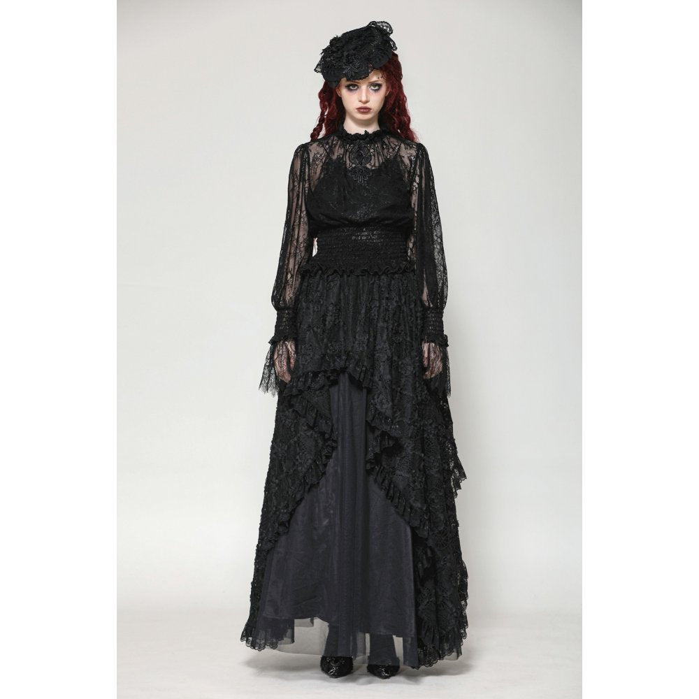 Elegant Auifa black lace top showcasing a high-neck Victorian collar with intricate eyelash lace detailing, perfect for gothic fashion enthusiasts.