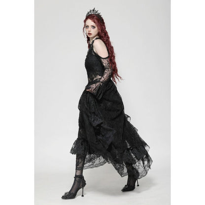 Sleek back view of the Carys gothic lace dress, highlighting its unique asymmetrical silhouette and sophisticated detailing.