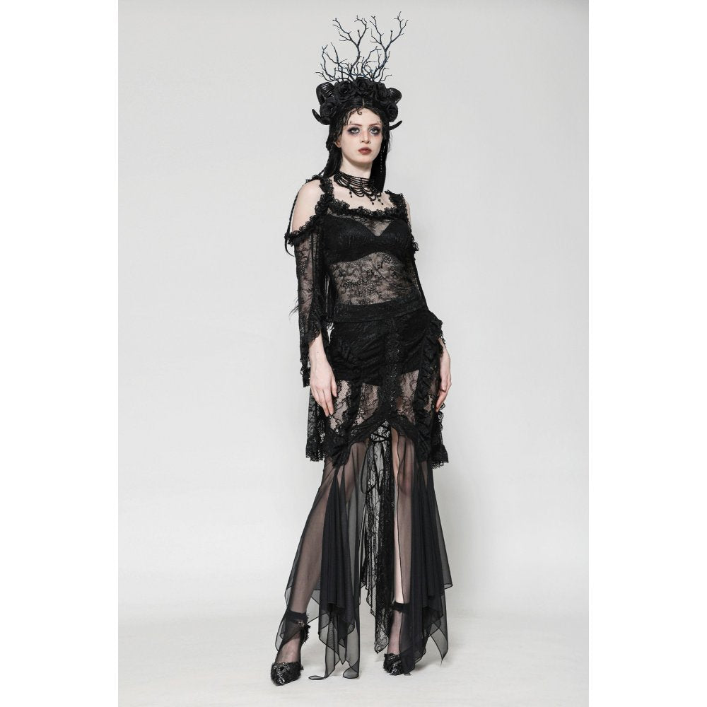 Model wearing Dark in Love Nevaeh Gothic Skirt, illustrating the chic mermaid silhouette and elegant sheer design suitable for gothic aesthetics.