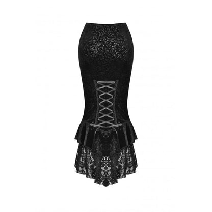 Full view of the Dark In Love Velvet Fishtail Midi Skirt against a stylish backdrop, ideal for luxurious evening events.