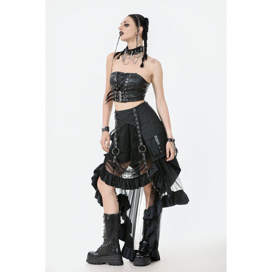 Dark In Love Belladonna Mesh Goth Skirt showcasing high-waisted design adorned with buckle straps and ruffle trim, perfect for alternative fashion enthusiasts.