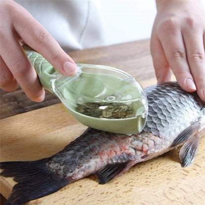 Chic Fish Skin Brush demonstrated on a fish, illustrating its smooth operation and innovative scale containment feature.