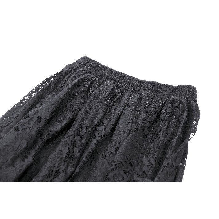 Close-up of Dark in Love Abella Distressed Lace Midi Skirt, featuring intricate lace details and delicate flower decorations, perfect for stylish ensembles.