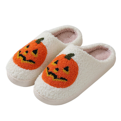Sophisticated Halloween Pumpkin Cartoon Slippers with an adorable pumpkin face, ideal for stylish indoor lounging during the festive season.
