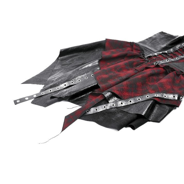 Elegant Dark In Love red tartan corset punk dress showcasing a structured bodice and bold black faux leather accents, perfect for gothic and punk aesthetics.