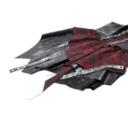 Elegant Dark In Love red tartan corset punk dress showcasing a structured bodice and bold black faux leather accents, perfect for gothic and punk aesthetics.