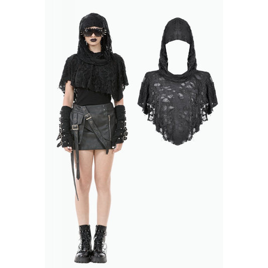 Dark In Love Nyx Distressed Shredded Hooded Poncho showcasing its asymmetrical cut and worn-in aesthetic, ideal for gothic fashion layering.