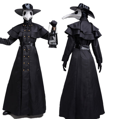Halloween Dark Dungeon Hero Costume featuring a black Plague Doctor outfit with a distinctive crow mouth mask, lantern in hand, and sophisticated design for elegant Halloween festivities.