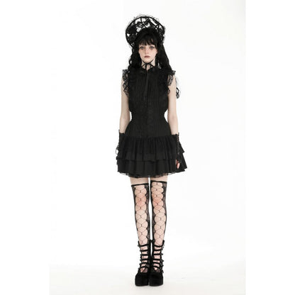 Luxury Black Gothic Sleeveless Dress featuring delicate lace panels, tiered ruffle hem, and bow detailing for a dramatic and sophisticated style.