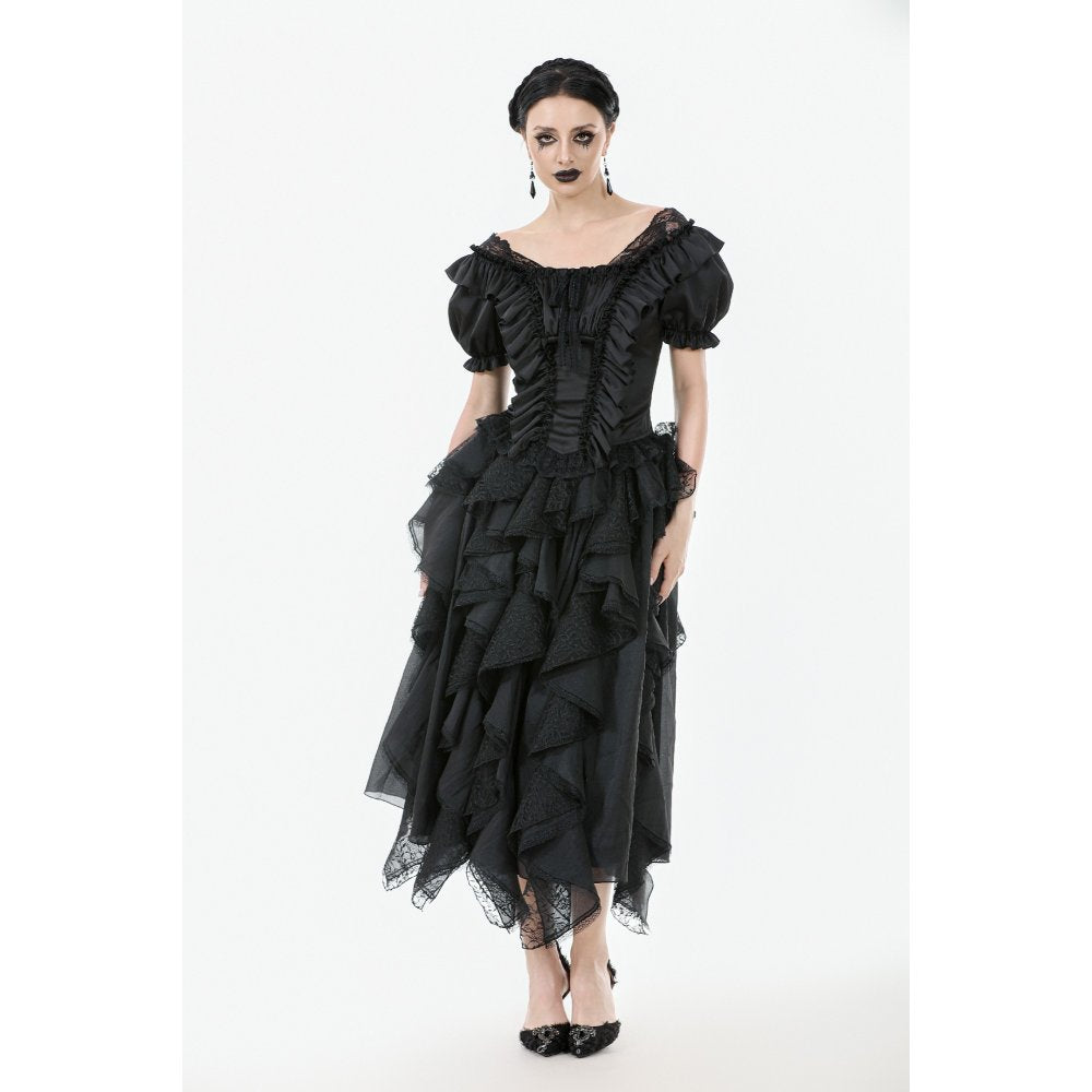 Dark in Love black Seraphina ruched corset top showcasing elegant puff sleeves and lace trim, perfect for gothic fashion enthusiasts.