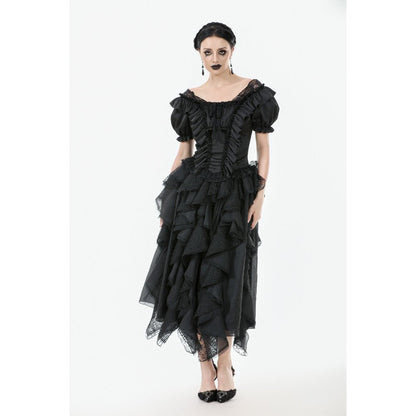 Dark in Love black Seraphina ruched corset top showcasing elegant puff sleeves and lace trim, perfect for gothic fashion enthusiasts.