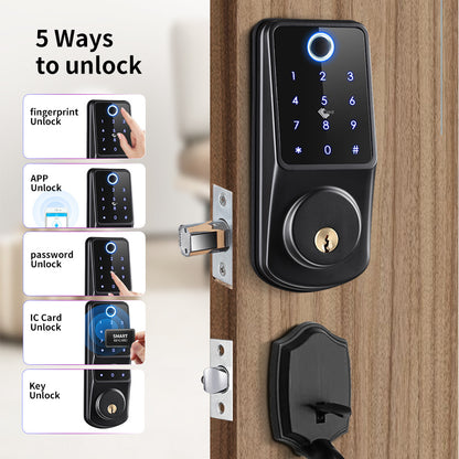 Luxury Fingerprint Password Control Lock showcasing five unlocking methods: fingerprint, mobile app, password, IC card, and traditional key. Perfect for sophisticated security.
