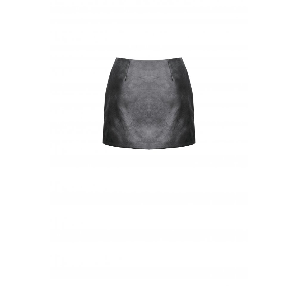 Close-up view of the structured cotton-polyurethane blend, showcasing the intricate decorative buckles and zips on a dark mini skirt.