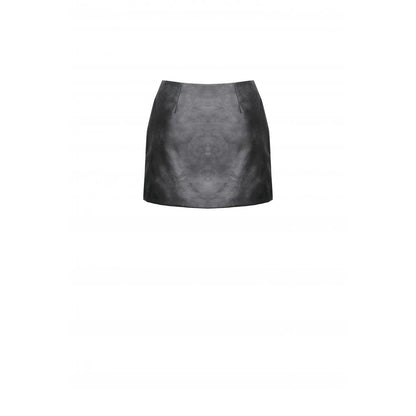 Close-up view of the structured cotton-polyurethane blend, showcasing the intricate decorative buckles and zips on a dark mini skirt.