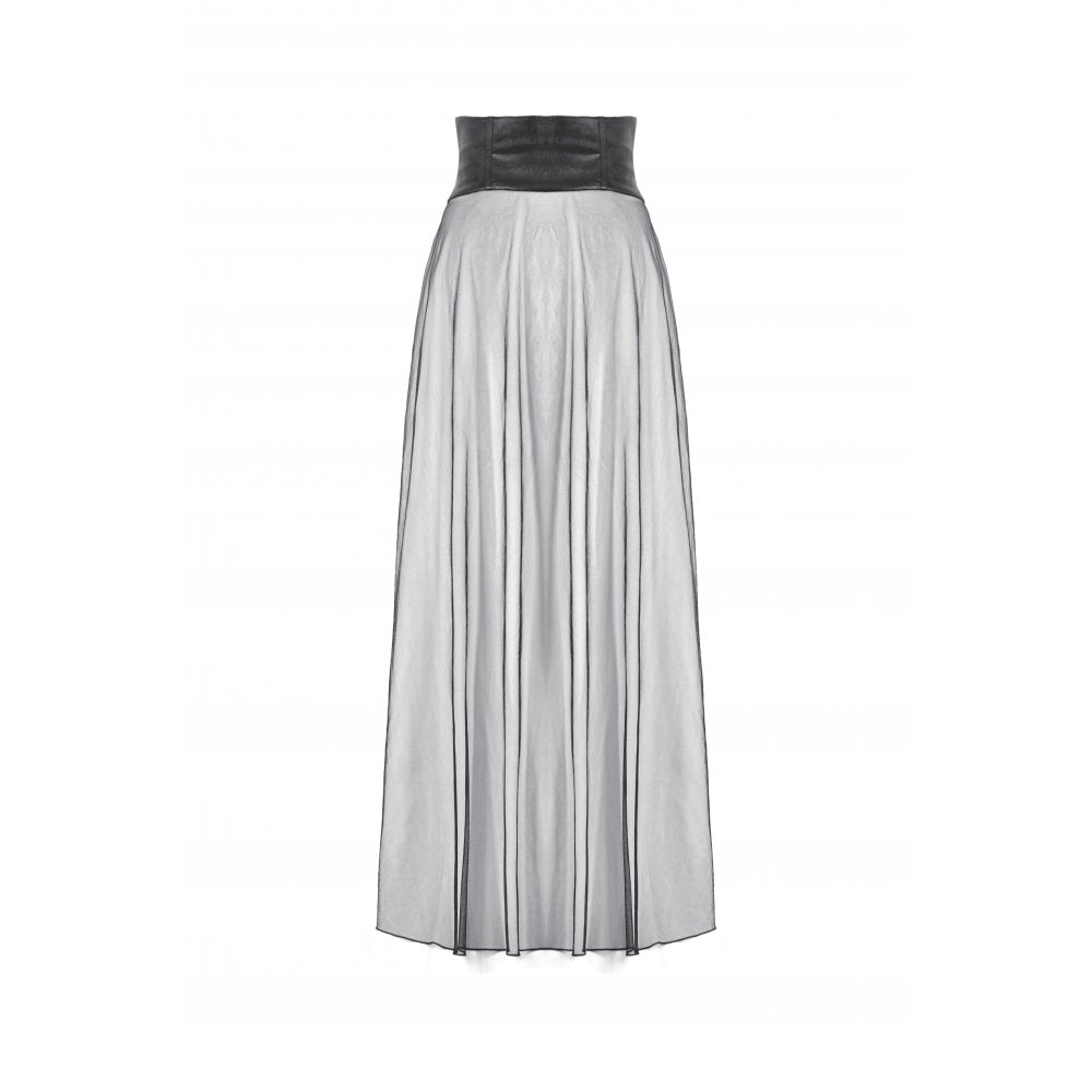 Back view of the gothic sheer mesh maxi skirt with a secure zipper closure, highlighting its luxurious design and flattering silhouette.