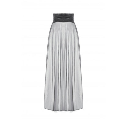 Back view of the gothic sheer mesh maxi skirt with a secure zipper closure, highlighting its luxurious design and flattering silhouette.