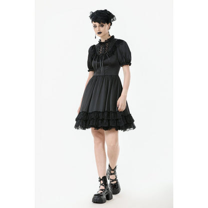 Elegant Dark in Love Belladonna black goth dress featuring a high lace collar and dramatic puff sleeves, perfect for gothic tea parties and alt fashion events.