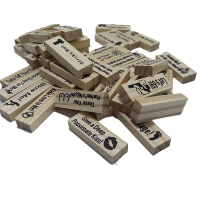 Close-up view of the Couples' Sexy Jenga Game blocks illustrating passionate challenges, perfect for igniting intimacy and fun in a relationship.