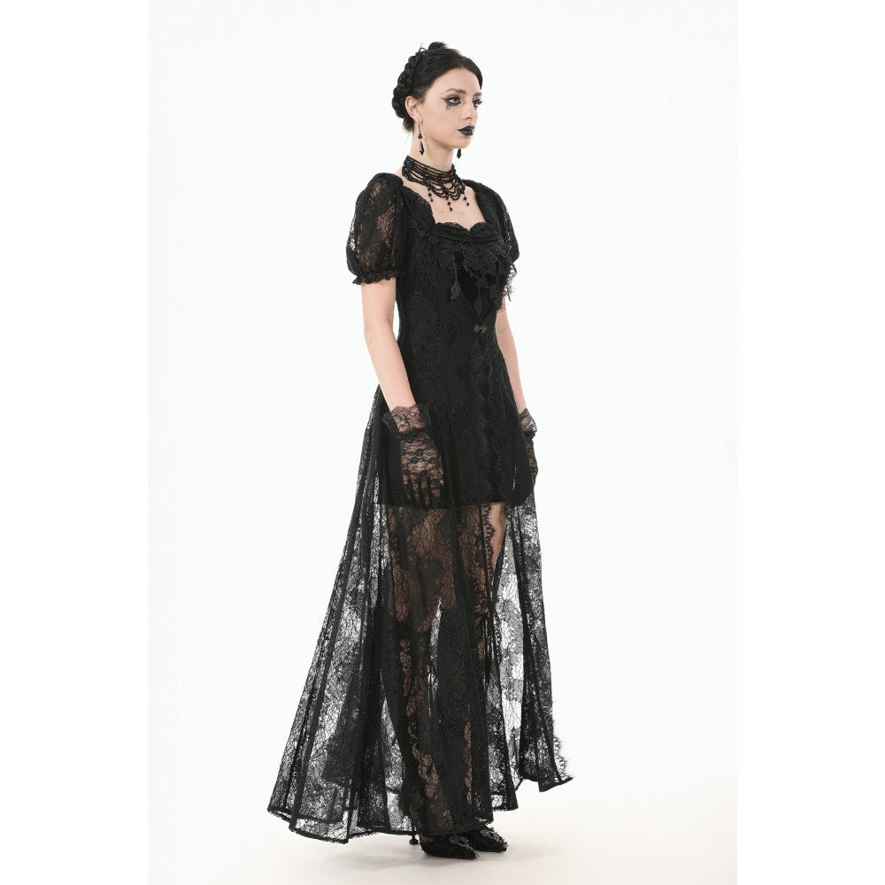 Model showcasing the high-low hemline of the gothic maxi dress, flowing gracefully with a sheer lace overlay for an ethereal appearance.