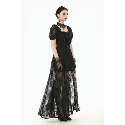 Model showcasing the high-low hemline of the gothic maxi dress, flowing gracefully with a sheer lace overlay for an ethereal appearance.