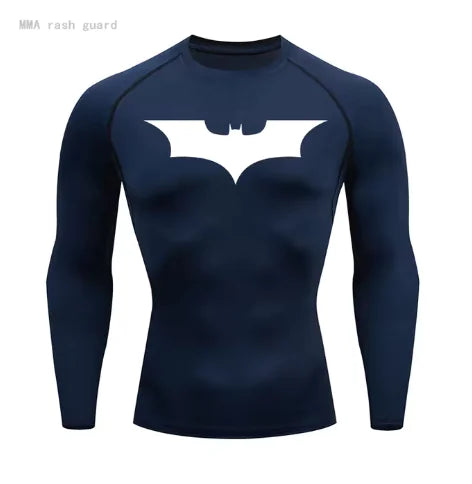 Luxury men's long sleeve compression shirt in navy blue featuring a prominent white bat emblem, designed for style and UV sun protection.