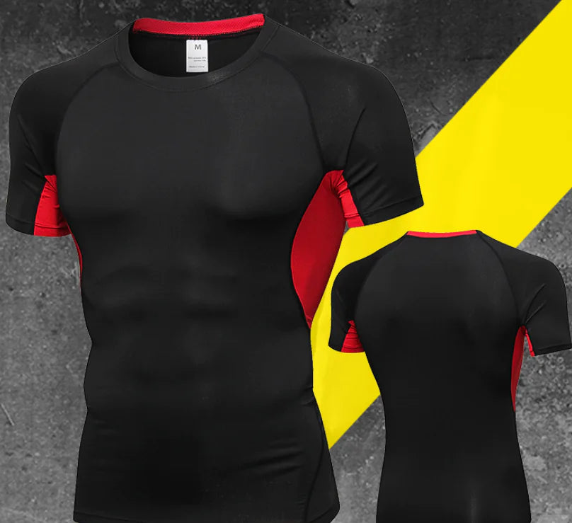 Men's stylish black and red compression fitness shirt, designed with premium materials for durability and ultimate comfort during exercise.