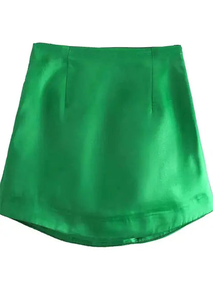 Luxurious Satin Short Skirt for Women - Chic High Waist Design in Vibrant Green showcasing a sophisticated satin texture, perfect for elevating your style.