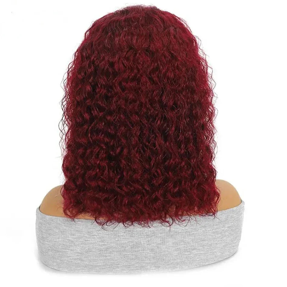 Side profile of the 99J Red Curly Deep Wave Bob Wig, displaying the stylish layers and dynamic movement of this luxurious Brazilian human hair wig.