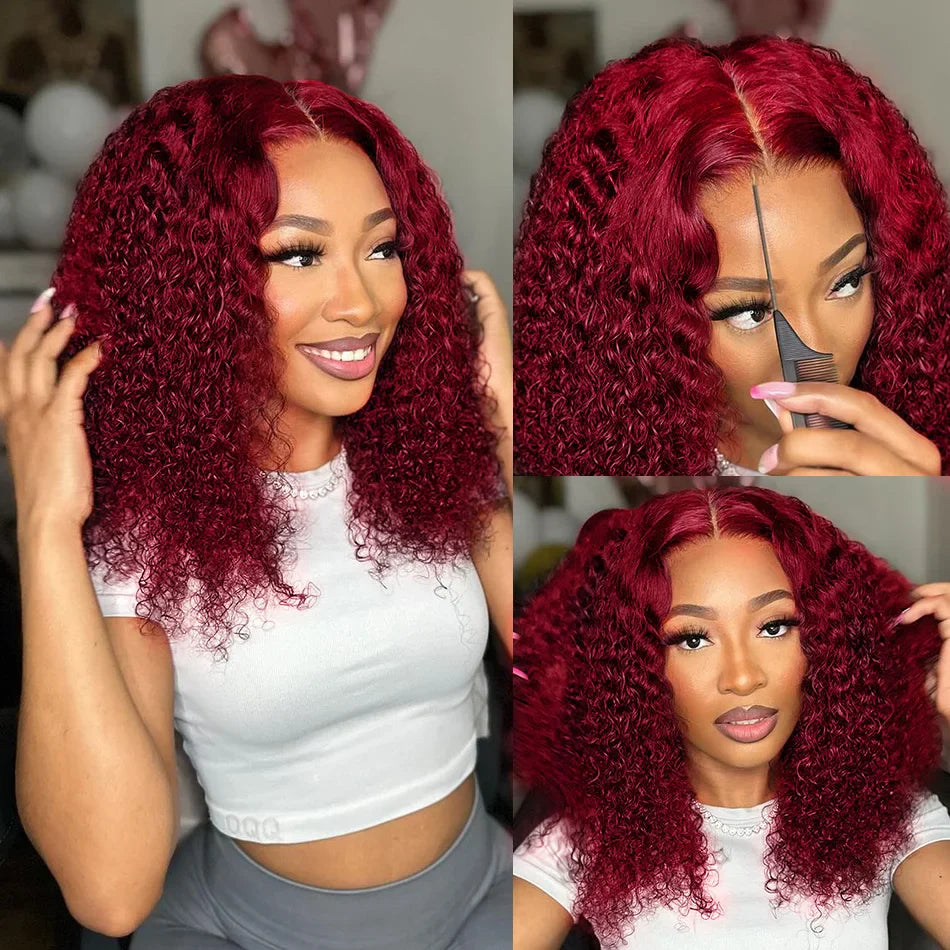 Stunning close-up of the curls in the 99J Red Curly Deep Wave Bob Wig, highlighting its rich colour and texture.