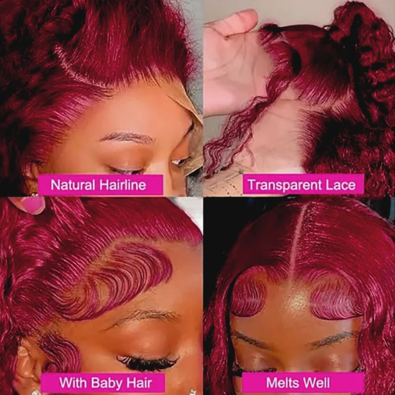 Close-up of the burgundy deep wave bob wig's natural-looking hairline and baby hair, showcasing exquisite craftsmanship and attention to detail.