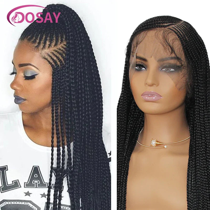 Full lace braided wig with soft light brown Swiss lace, designed for elegance and comfort.