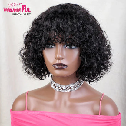 Elegant Brazilian Jerry Curl Bob Wig with a stunning natural wave texture, featuring bangs and made from quality Remy human hair, ideal for fashionable black women.
