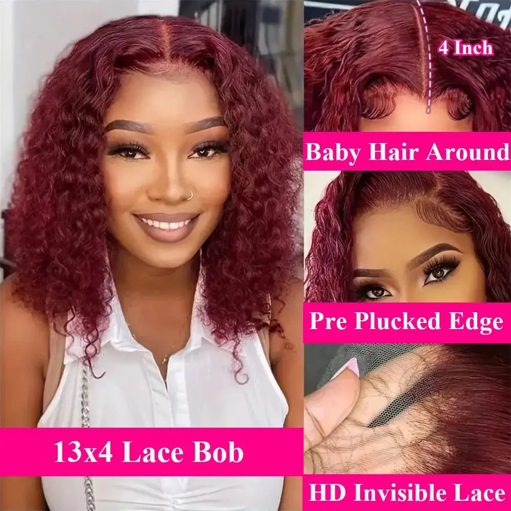 Burgundy 99J Deep Wave Short Bob Wig's hair strands showing the Remy Brazilian hair texture, perfect for a glamorous and sophisticated appearance.