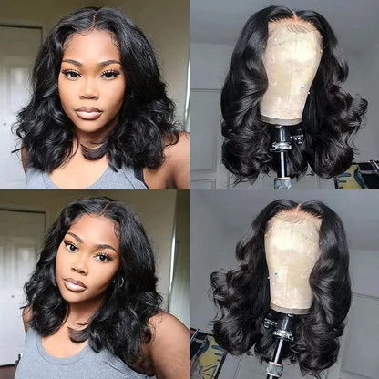 Detailed close-up of a glueless Brazilian Remy wig showcasing the quality and craftsmanship of the body wave texture in luxurious finish.