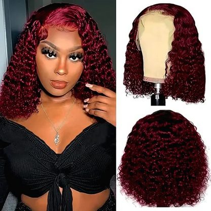 Burgundy 99J deep wave bob wig showcasing luxurious lace front design and natural baby hair, crafted from 100% human Remy hair.