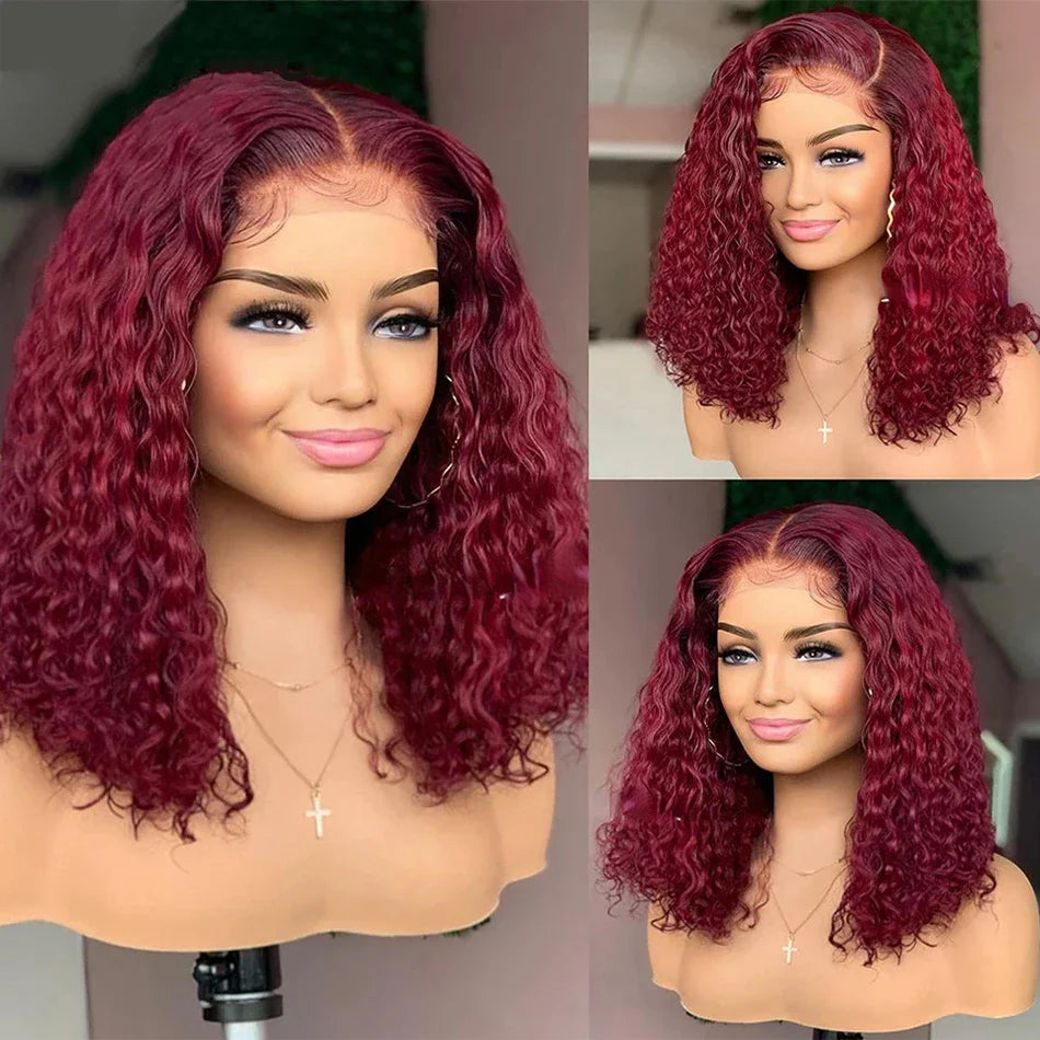 Close-up of the 99J Red Curly Deep Wave Lace Front Wig, highlighting the flawless texture and deep waves, perfect for a chic short hairstyle.
