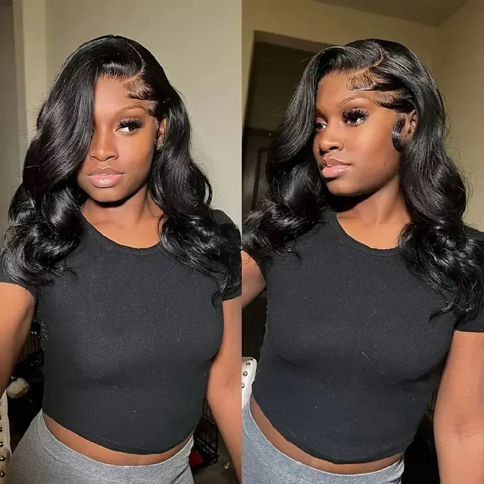 Luxury 250% Body Wave HD Lace Frontal Wig, showcasing a short bob style with glueless human hair, perfect for a natural look.